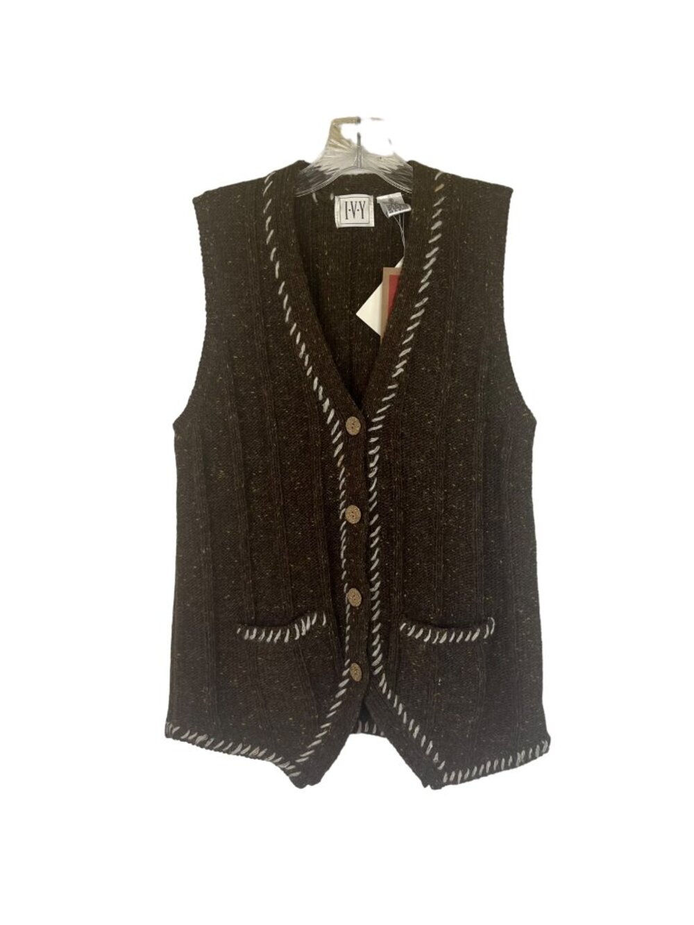 IVY Button Up Sweater Vest Wool Blend Hand Embroidery Small Brown New